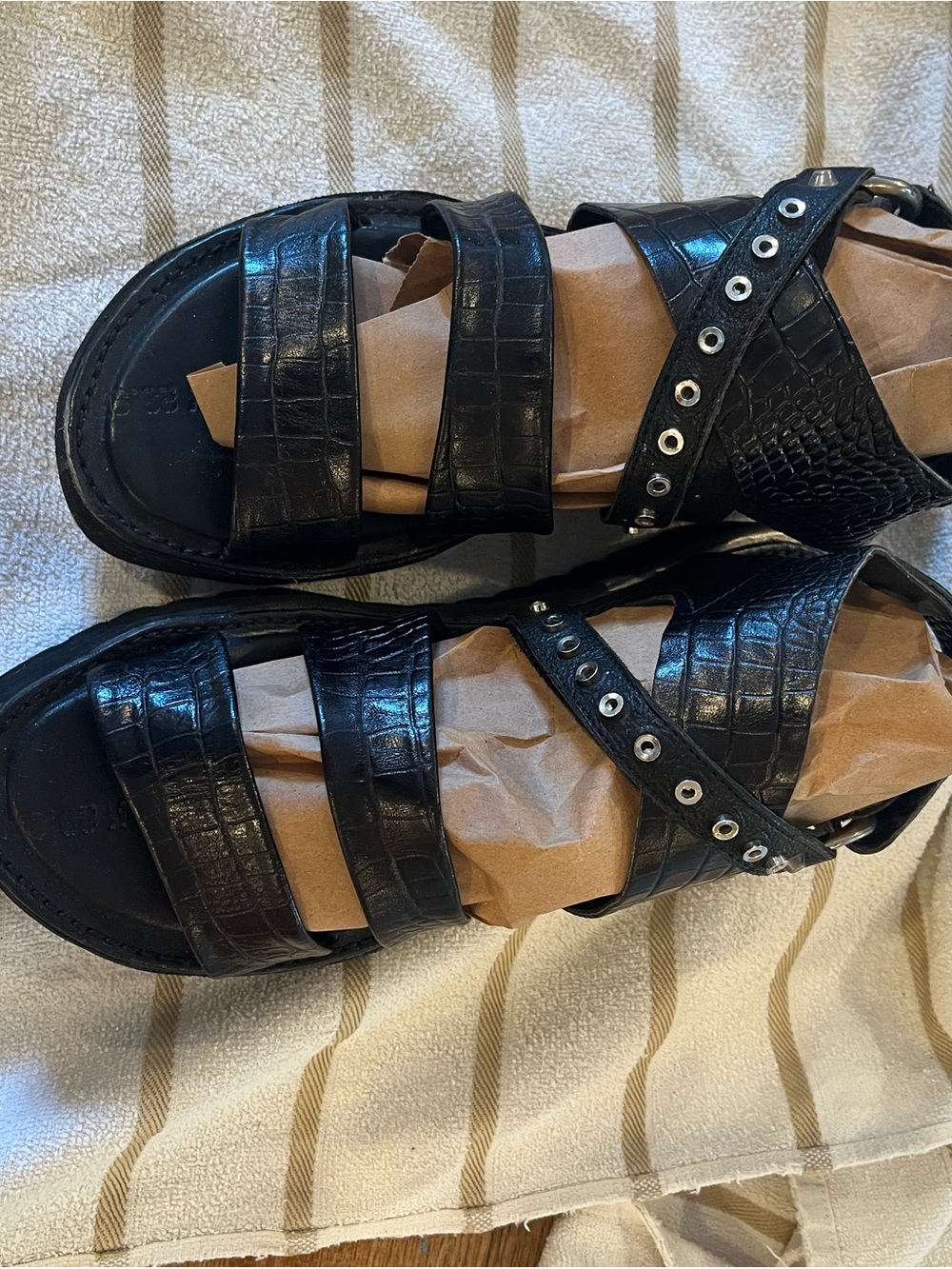 A.S.98 Black Croc-Embossed Multi-Strap Sandals with Eyelet Strap